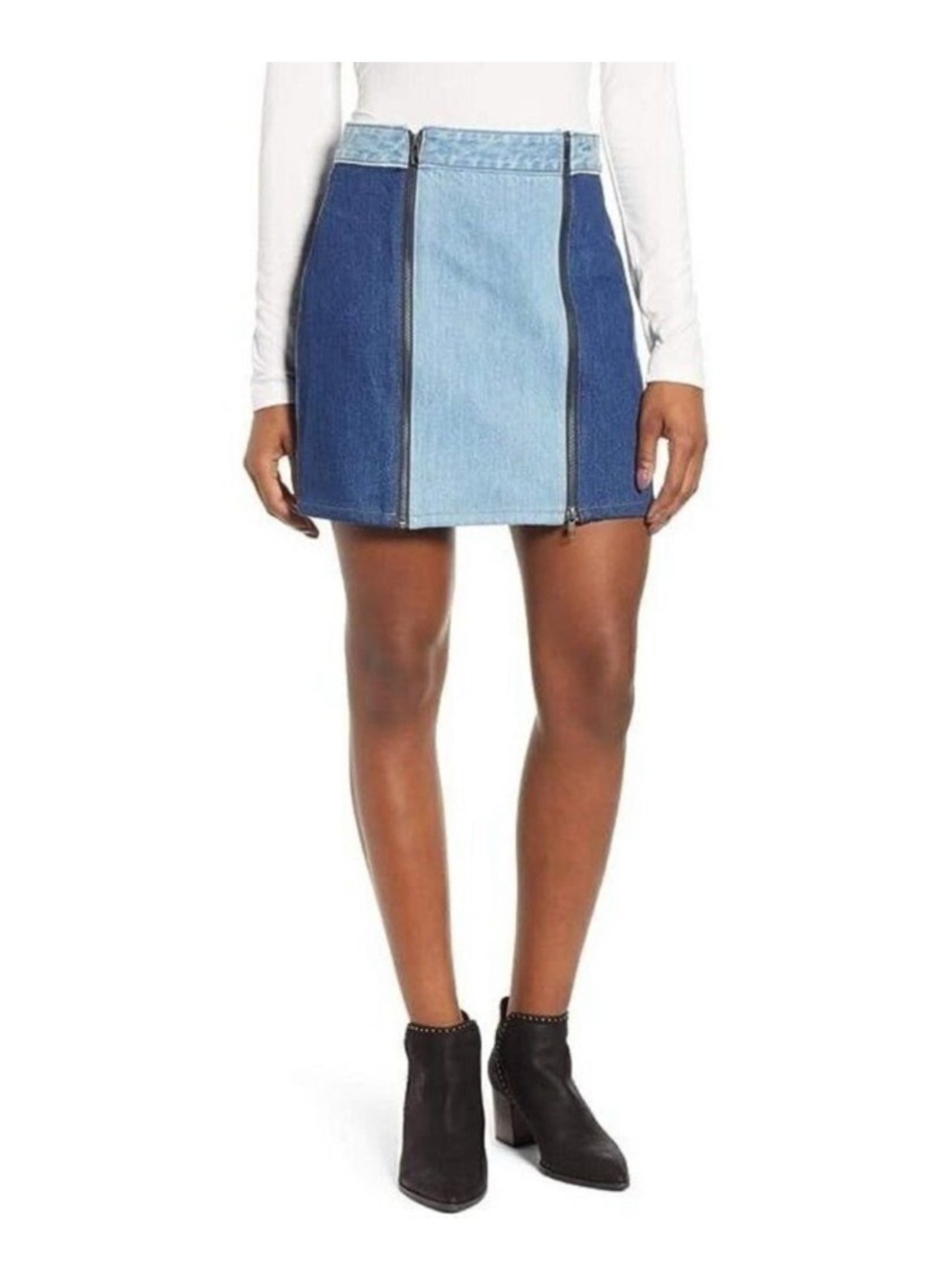 Y2K 1.STATE Two-Tone Denim Mini Skirt Blue Slate Wash Med Blue Size 4 zipper